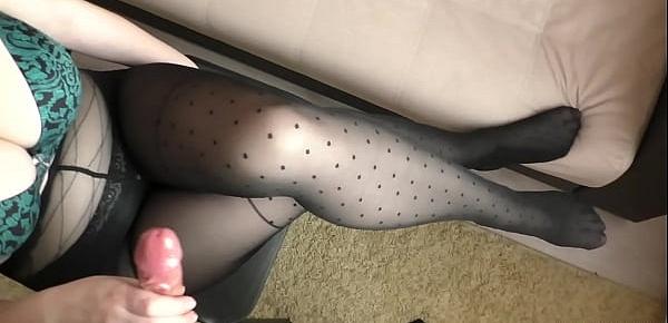  Teen Step Sis with Big Tits in Black Pantyhose - Handjob, cum feet